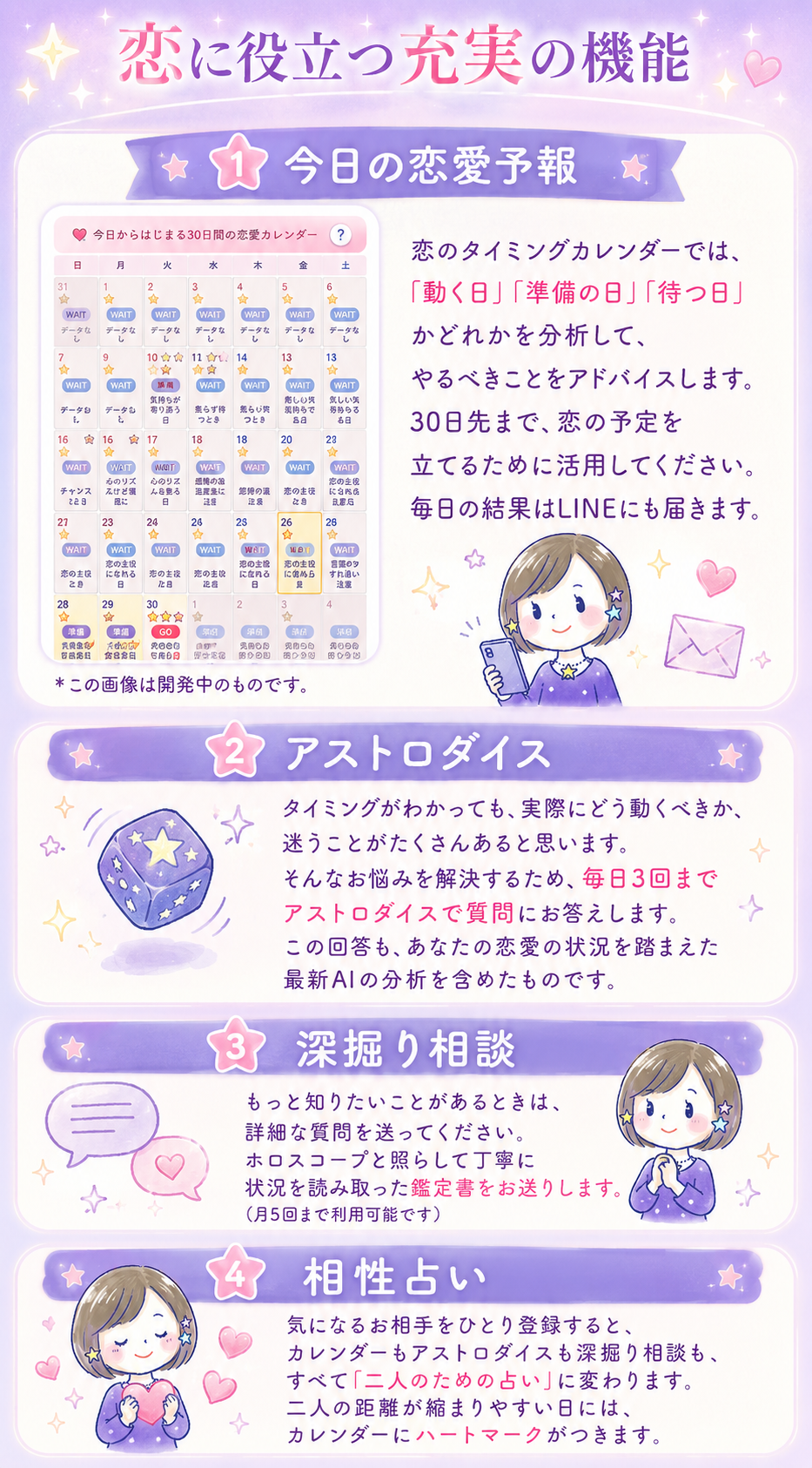 恋に役立つ充実の機能。今日の恋愛予報、アストロダイス、深掘り相談、相性占い。今日が動く日か待つ日かを分析し、迷ったときはアストロダイスや深掘り相談で詳しく。気になるお相手を登録すると、すべての占いがお相手との相性を踏まえた占いに変わり、相性の良い日にはカレンダーにハートマークがつきます。
